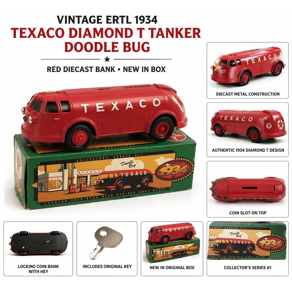 ERTL 1934 Texaco Diamond T Tanker Doodle Bug Red Diecast Bank New In Box 9324